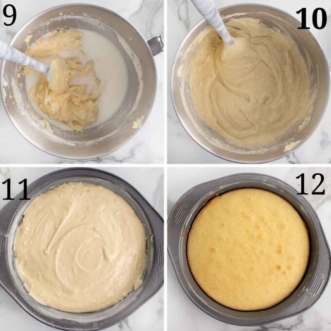 four images showing the finished batter, batter in pan and baked layer