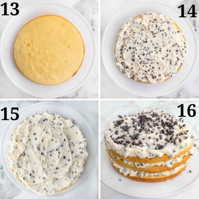 four images showing how to assemble the cannoli cream cake