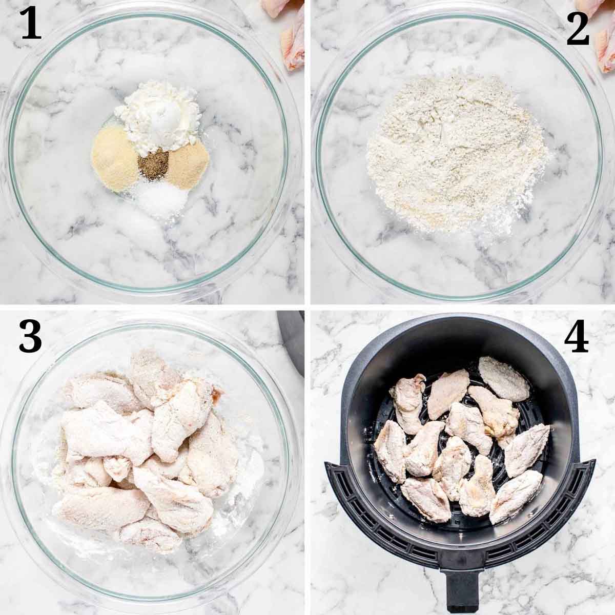 four images showing how to prepare and cook the wings