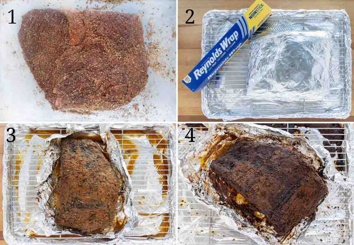four images showing how to cook dry rub brisket