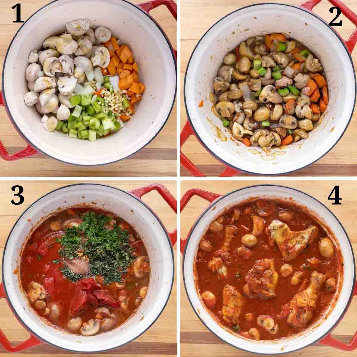 four images showing how to make chicken cacciatore