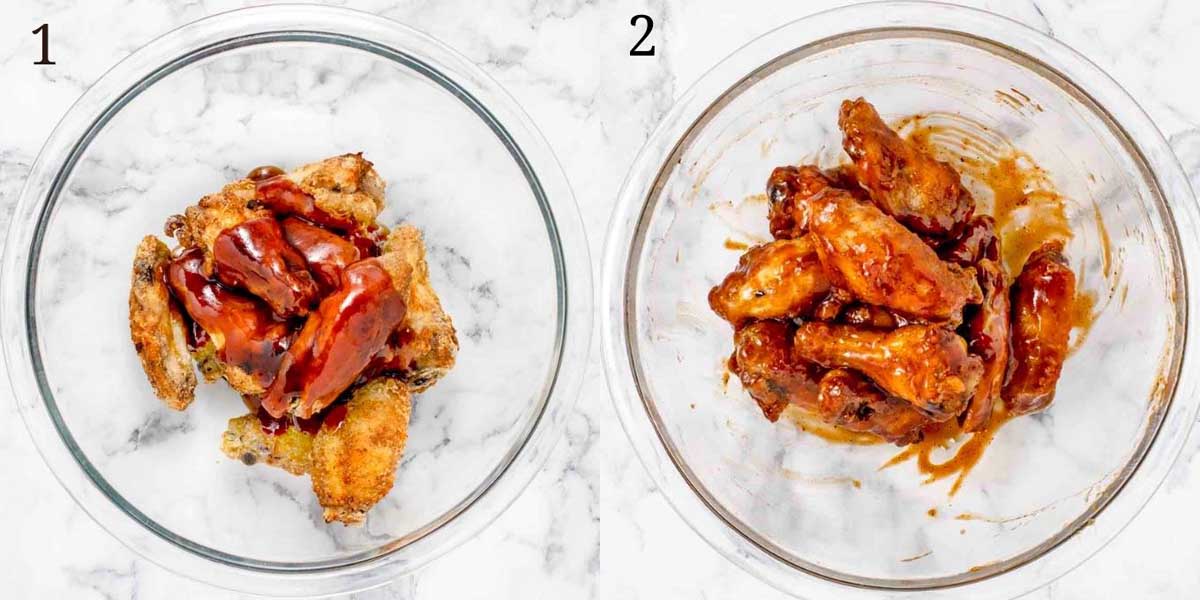 two images showing sauce being added to cooked wings