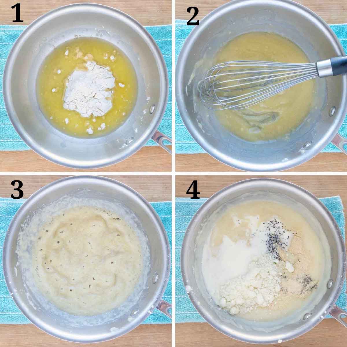 four images showing how to make a white sauce