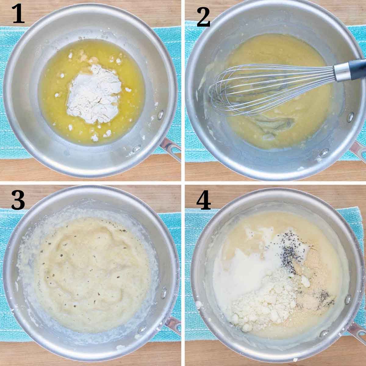 four images showing how to make a white sauce
