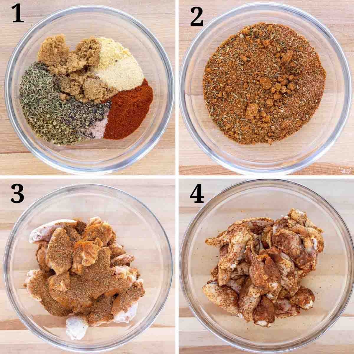 four images showing how to make cajun chicken wings.
