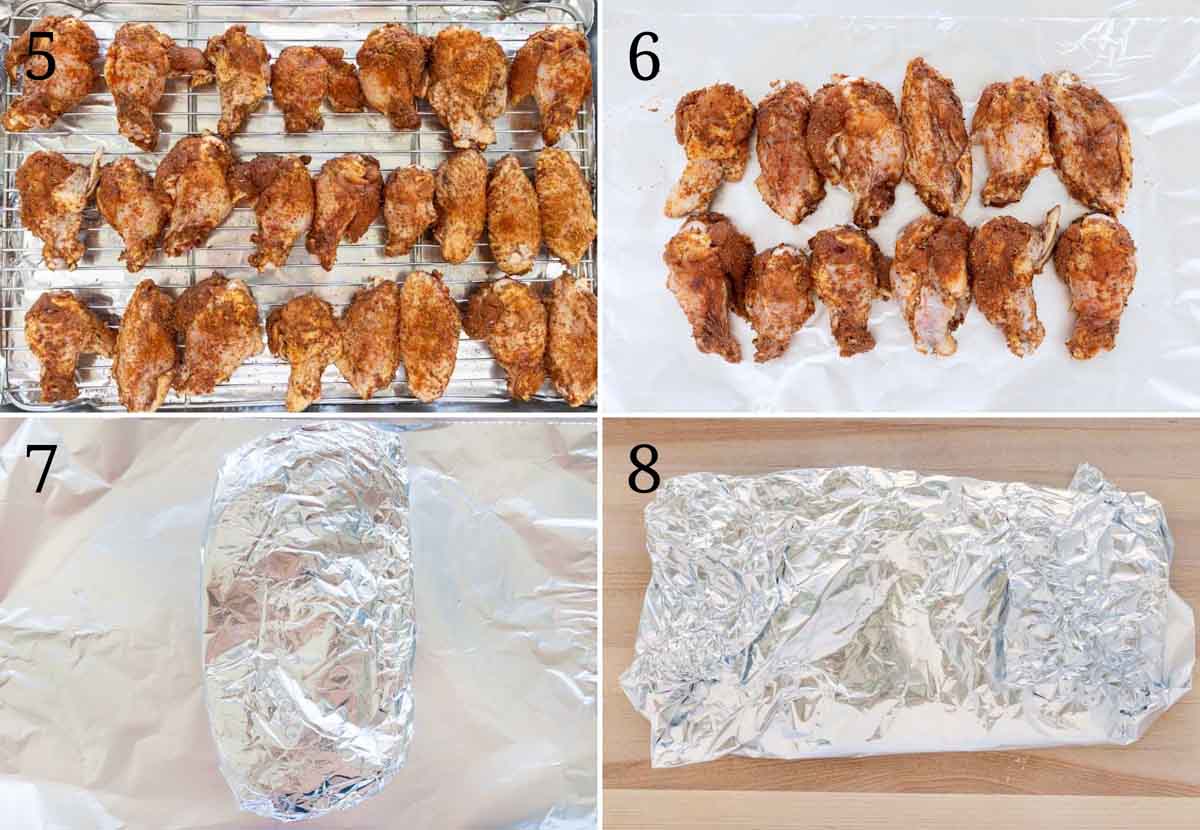 four images showing how to set the chicken wings up to grill them