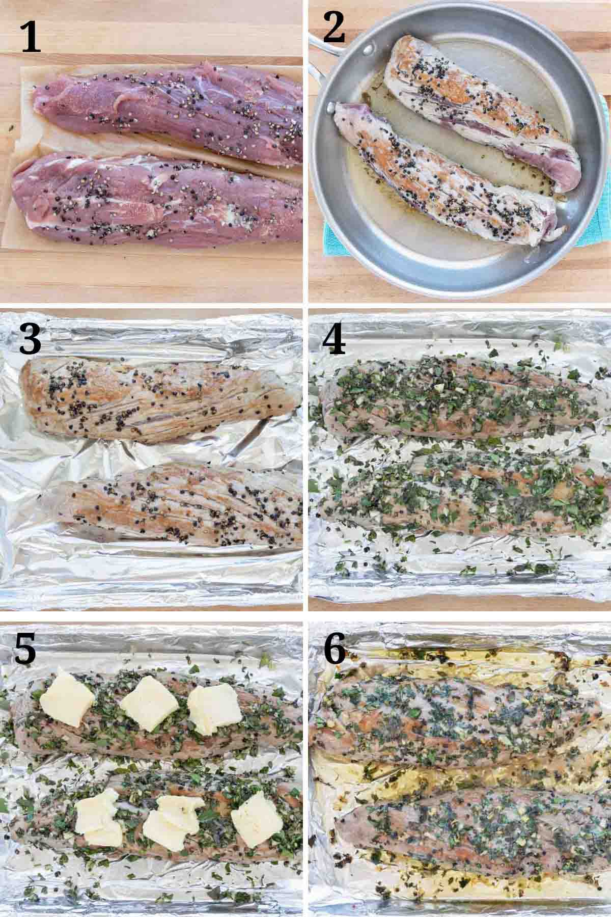 six images showing how to make a garlic herb roasted pork tenderloin