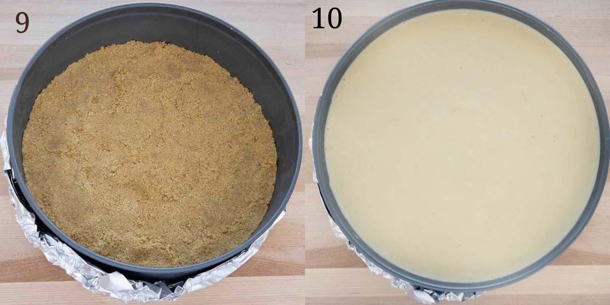 two images showing how to prepare the springform pan and add the cheesecake batter