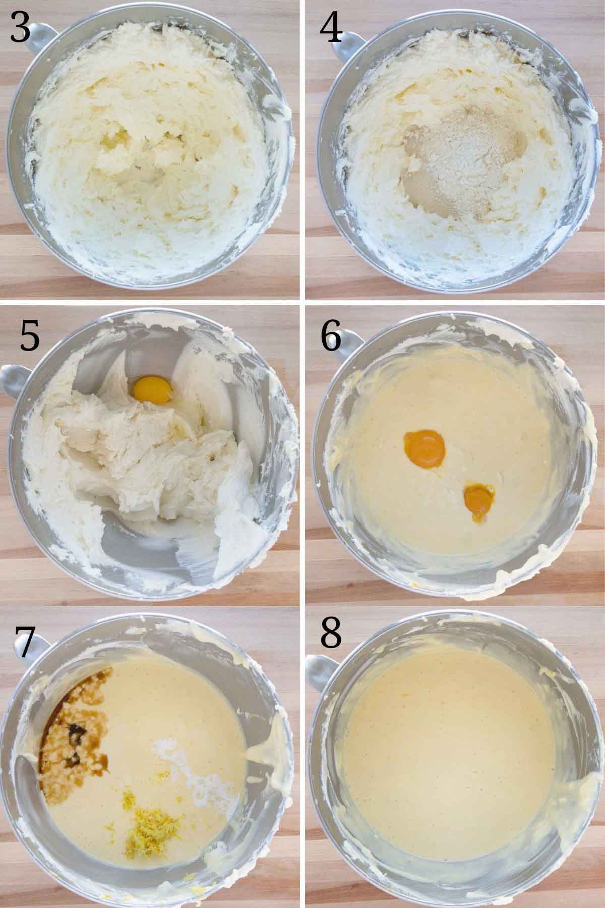 six images showing how to make cheesecake batter.