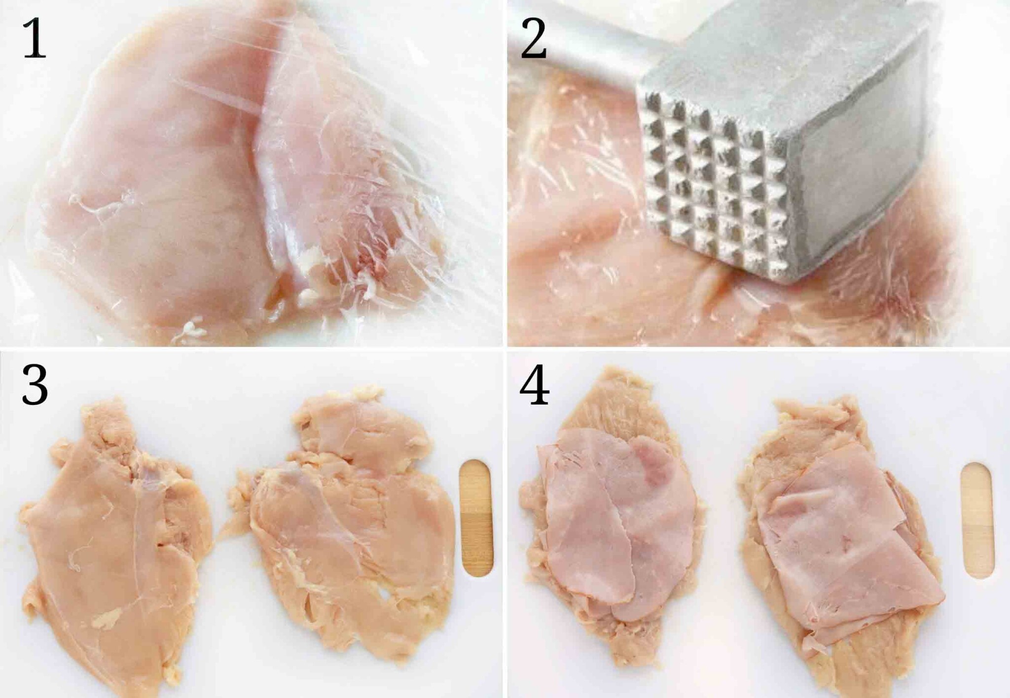 four images showing how to make chicken cordon bleu