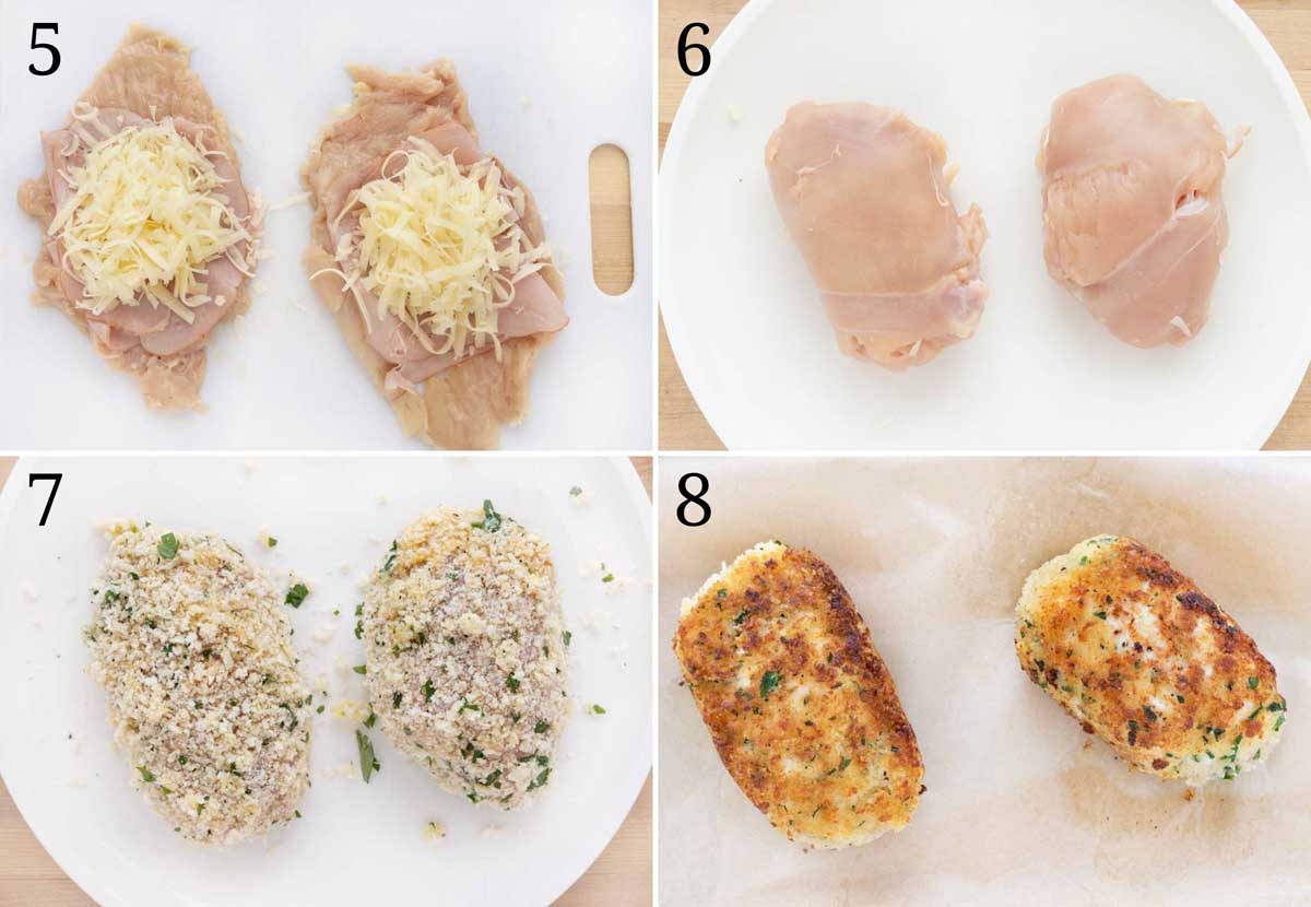 four images finishing the process of making the cordon bleu