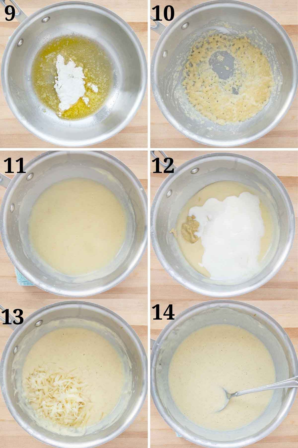 six images showing how to make a dijon sauce with gruyere cheese