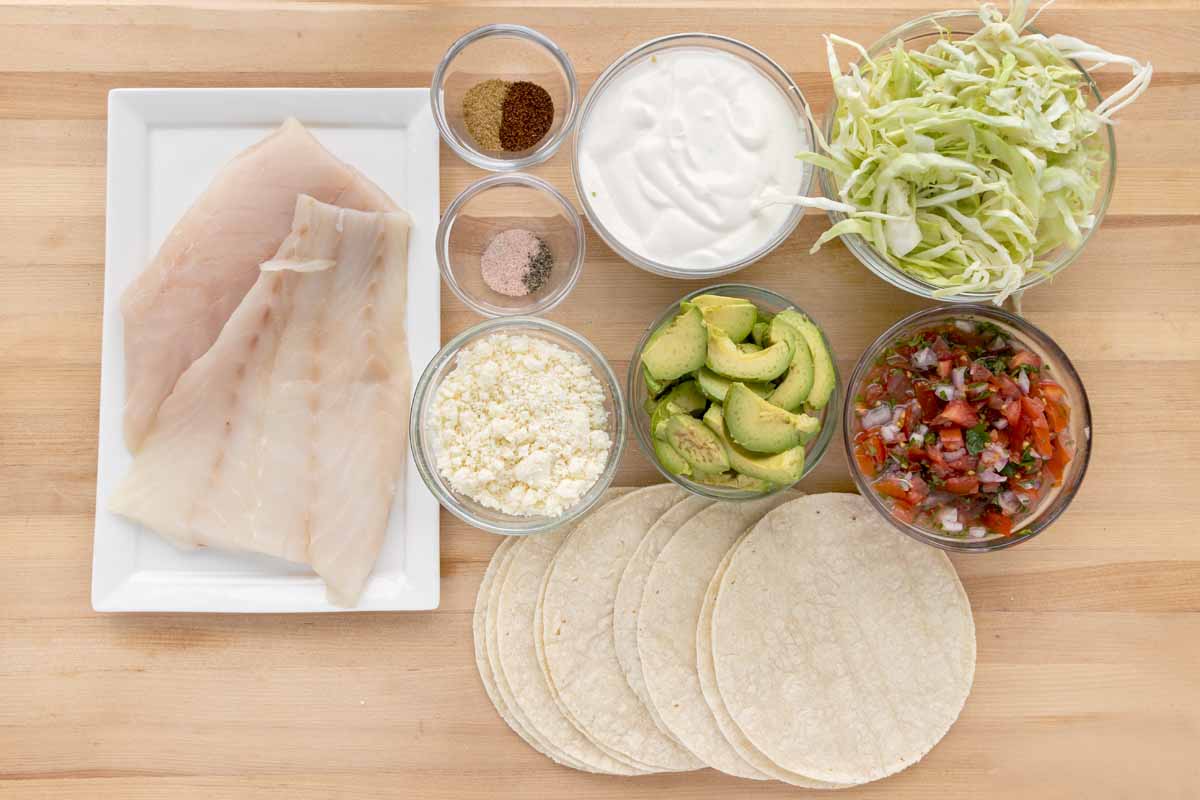 Ingredients to make fish tacos.