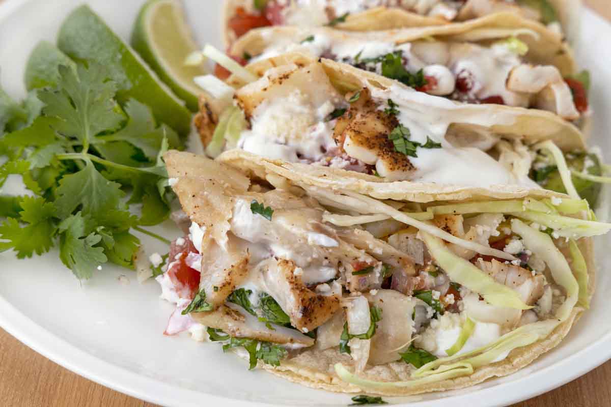 side view of 3 fish tacos with lime wedges on a white plate.