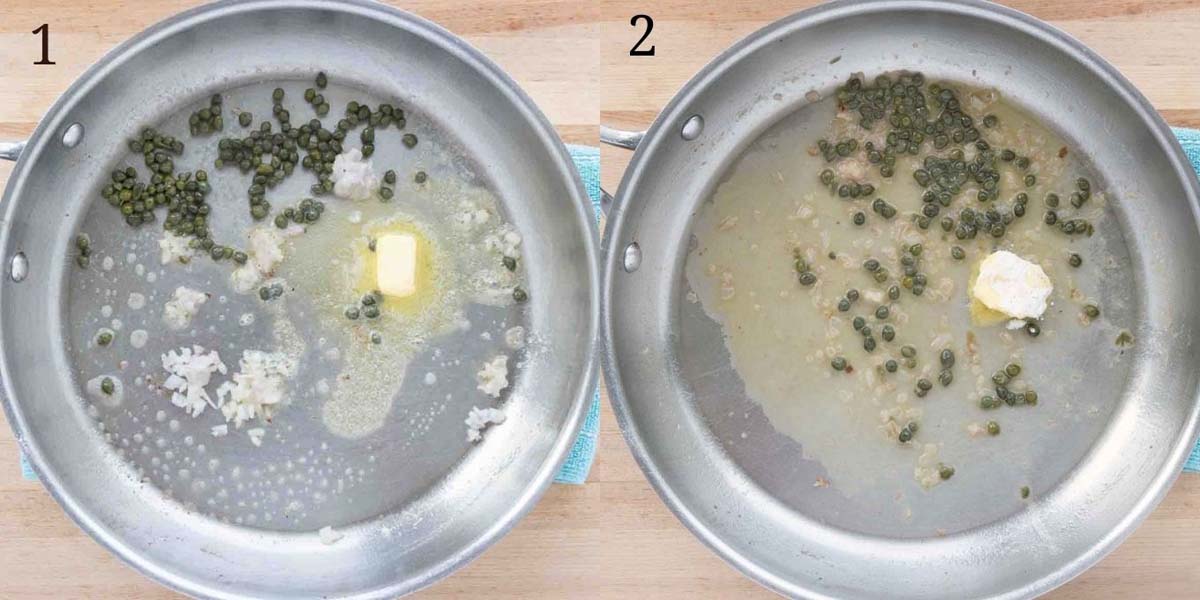 two images showing how to make lemon caper sauce