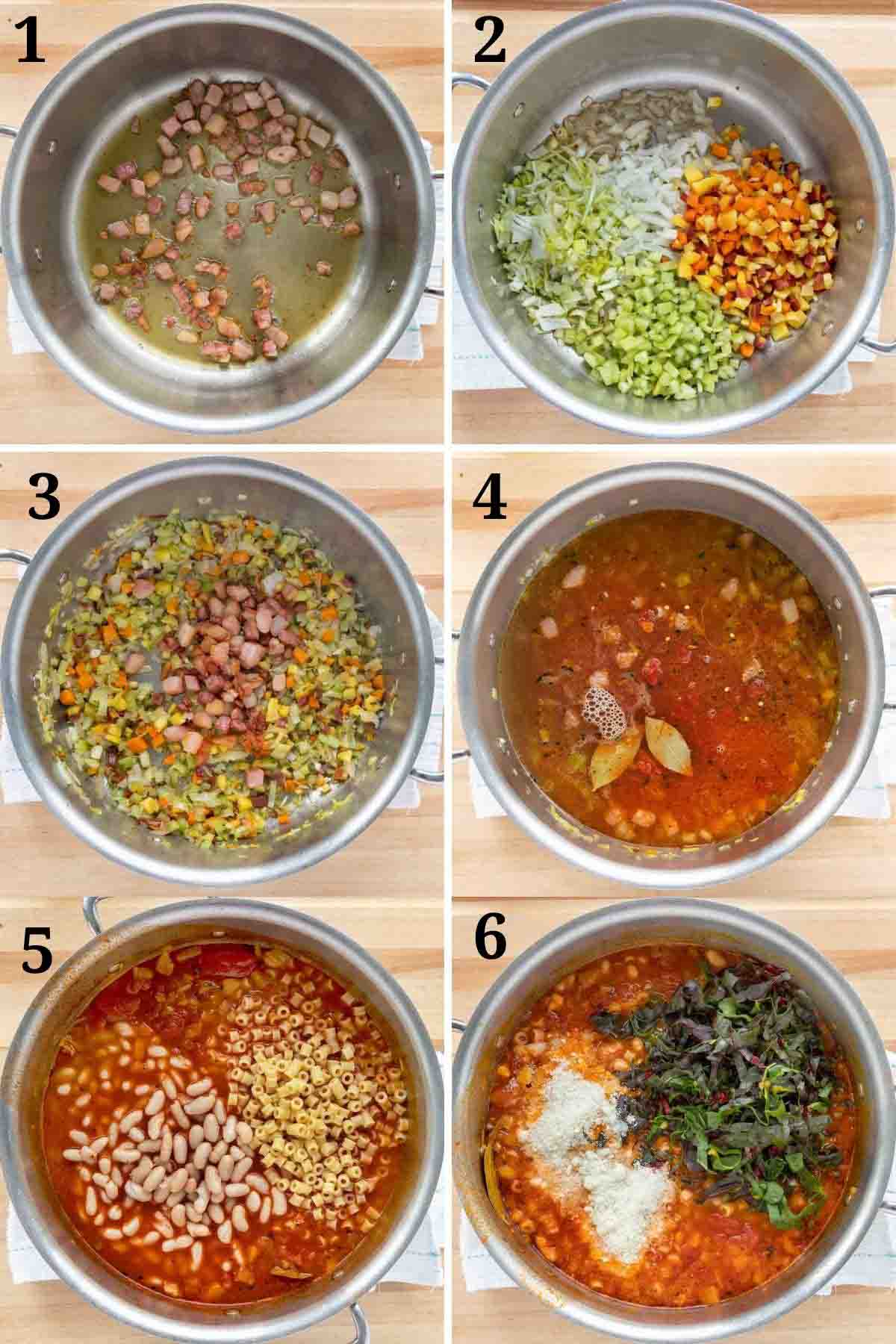 six images showing how to make pasta fagioli.