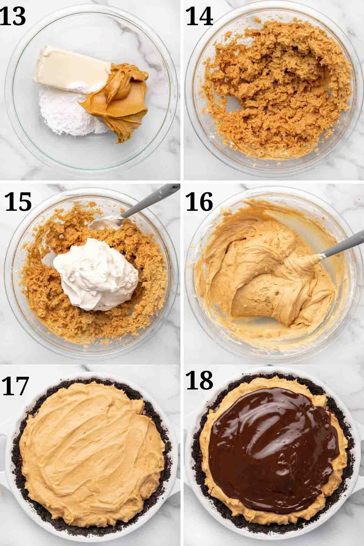 six images showing how to make a peanut butter pie.