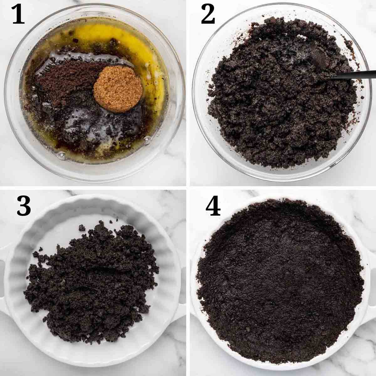 four images showing how to make a chocolate graham cracker pie shell