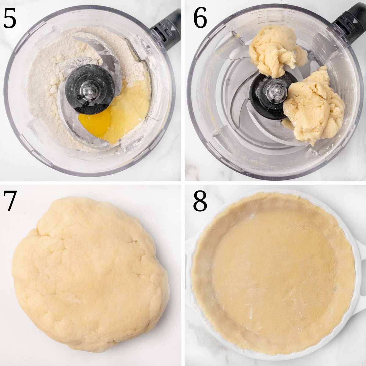 four images showing how to finish making the pie crust and placing it in the pie pan