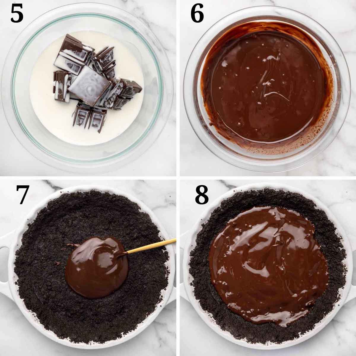 4 images showing how to make the chocolate ganache and adding it to the pie shell