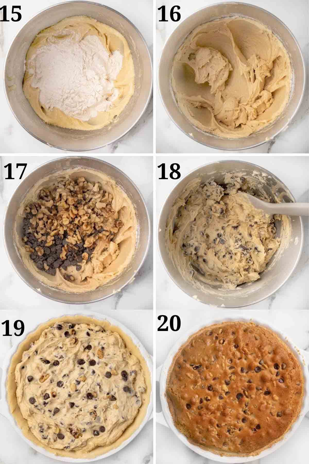six images showing how to finish making the pie filling and baking the cookie pie