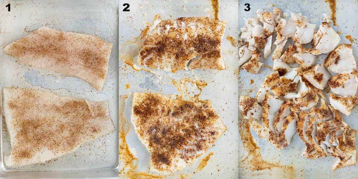 three images showing the cooking process of the fish.