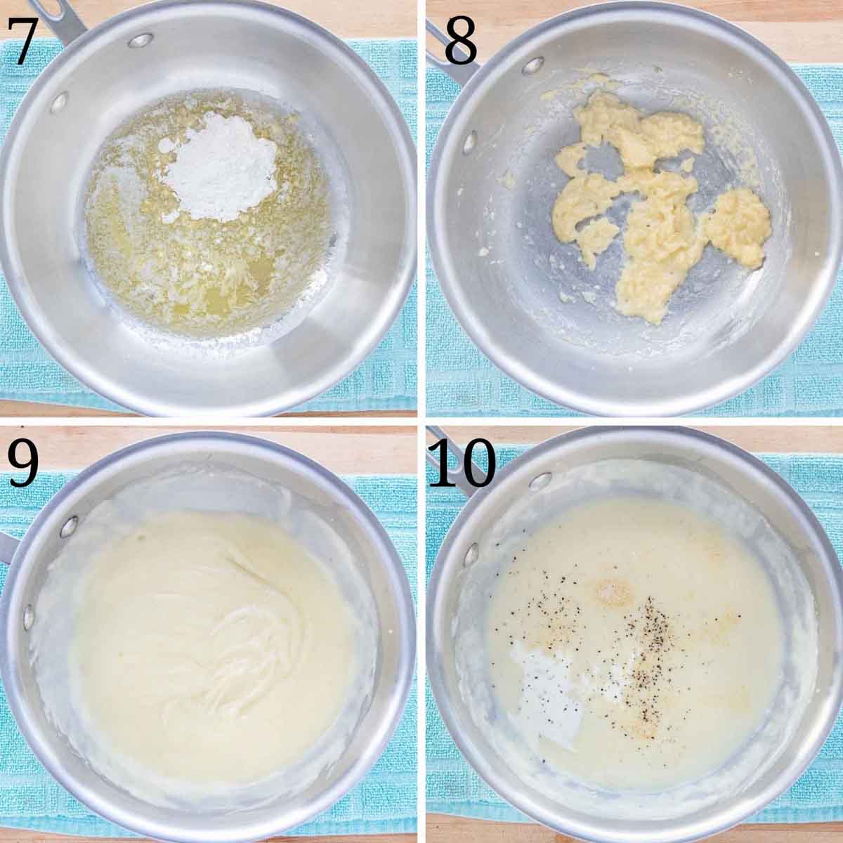 four images showing how to make a supreme sauce.