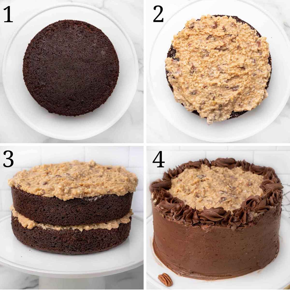4 images showing how to assemble a german chocolate cake