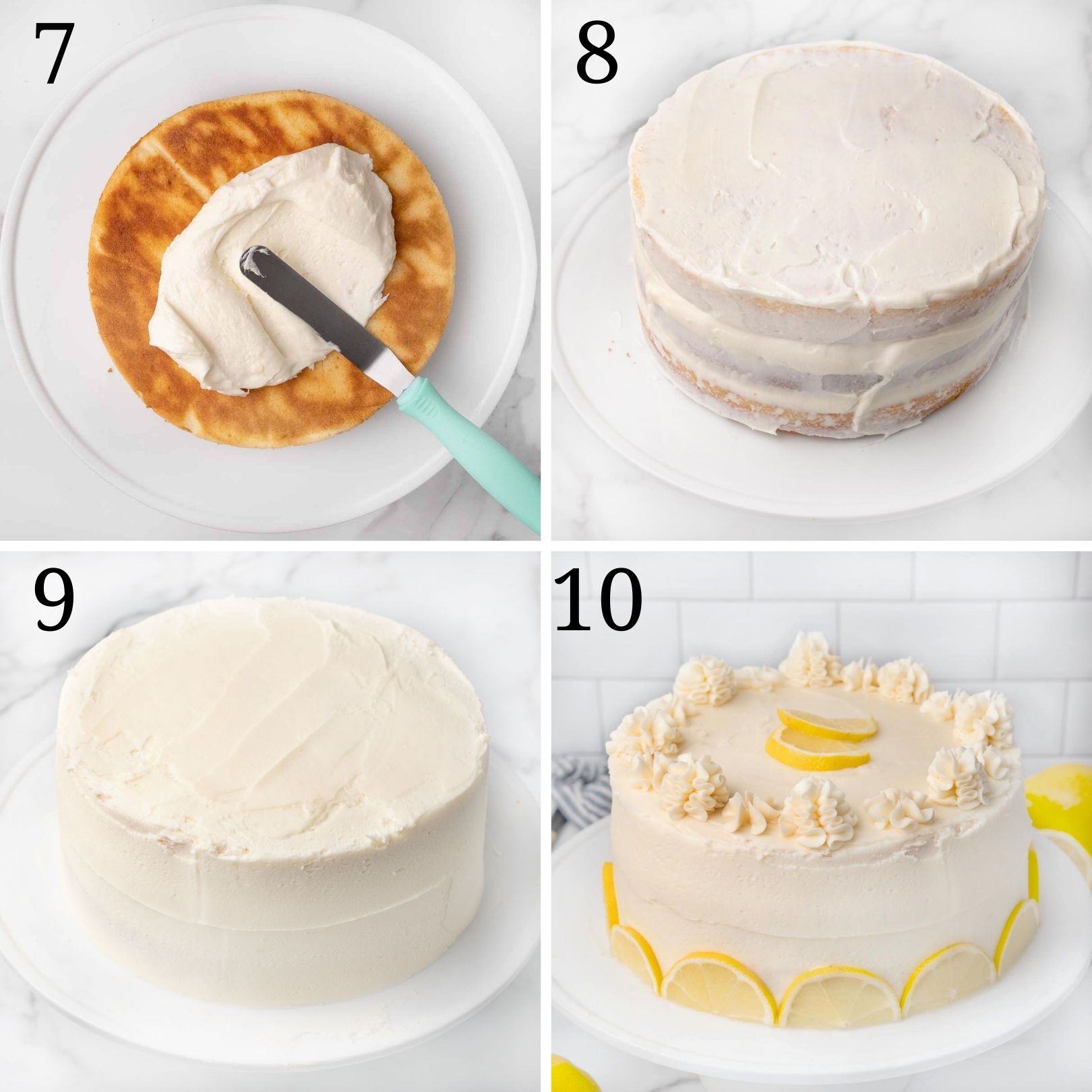 four images showing how to assemble lemon cake