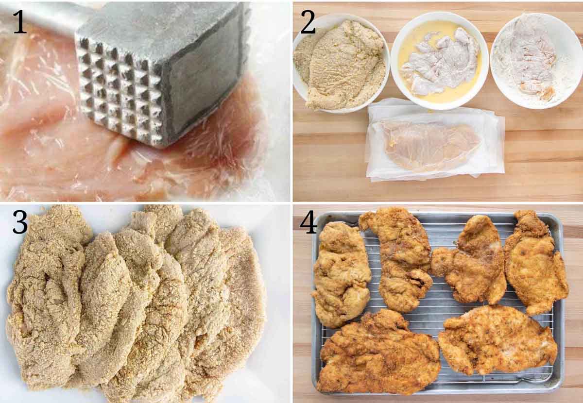 four images showing how to prep chicken cutlets