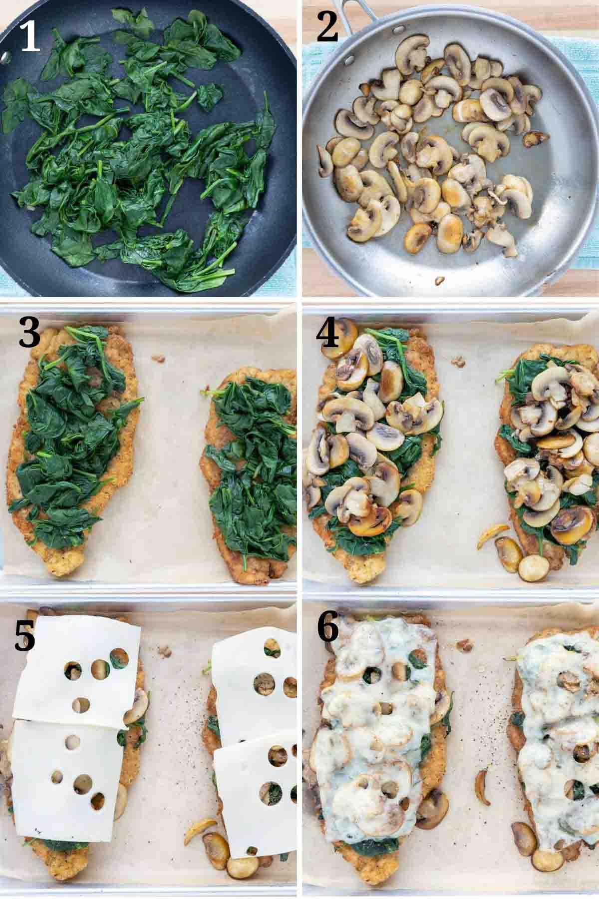 six images showing how to make chicken milanese all florentine