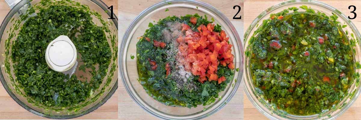 three images showing how to make chimichurri sauce.
