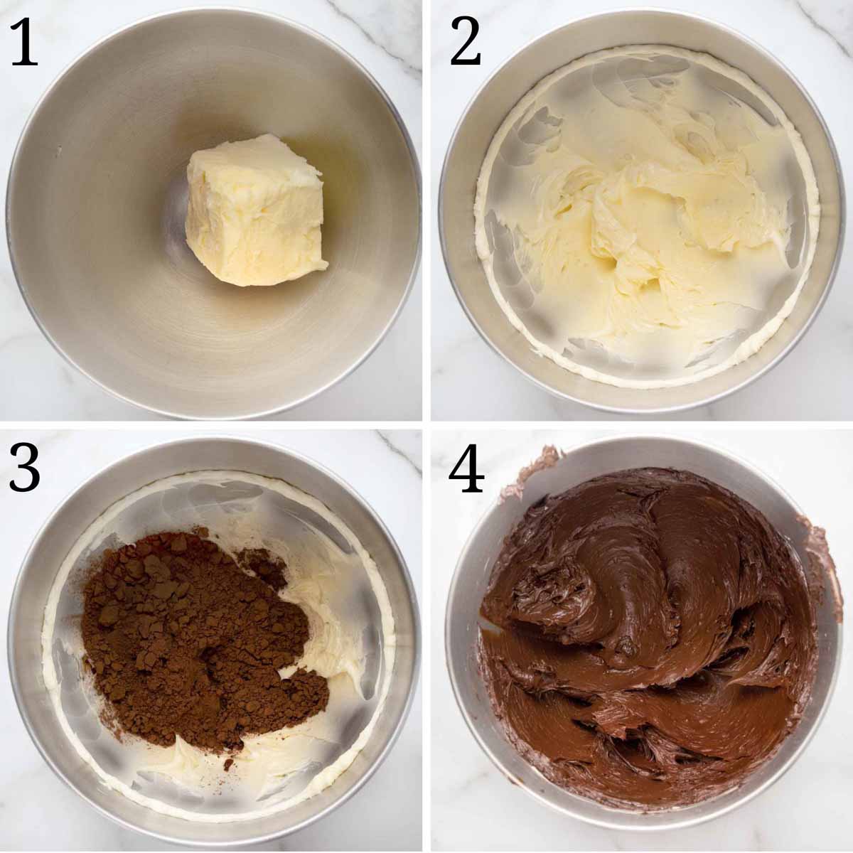 4 images showing how to begin making a chocolate buttercream frosting