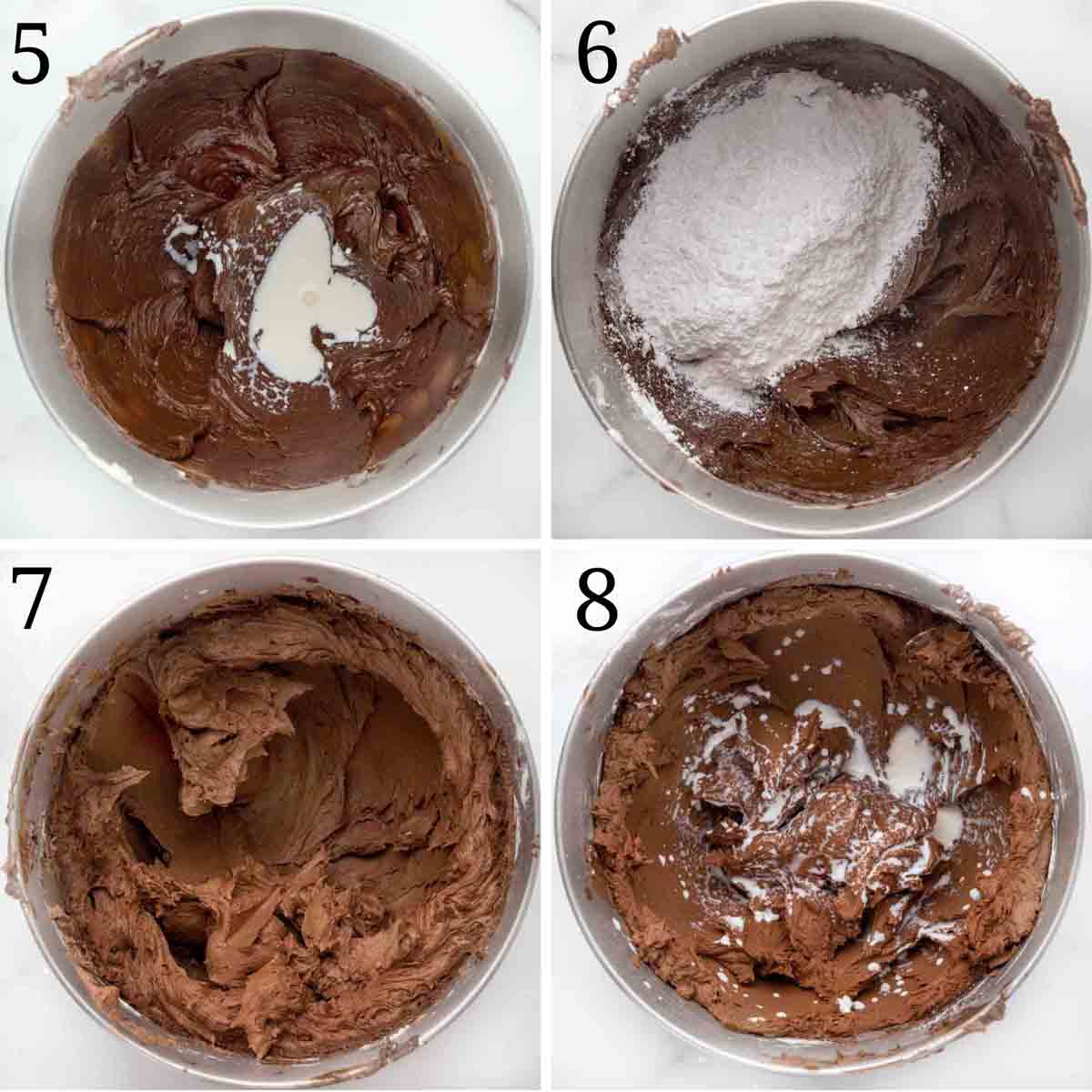 four images showing how to finish making the chocolate buttercream frosting