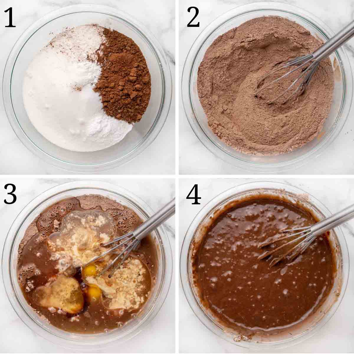 four images showing how to make the chocolate cake batter