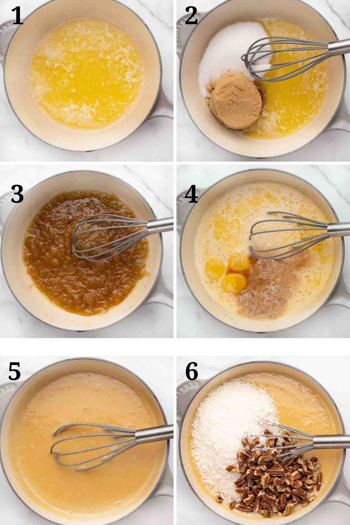 six images showing how to make a german chocolate frosting