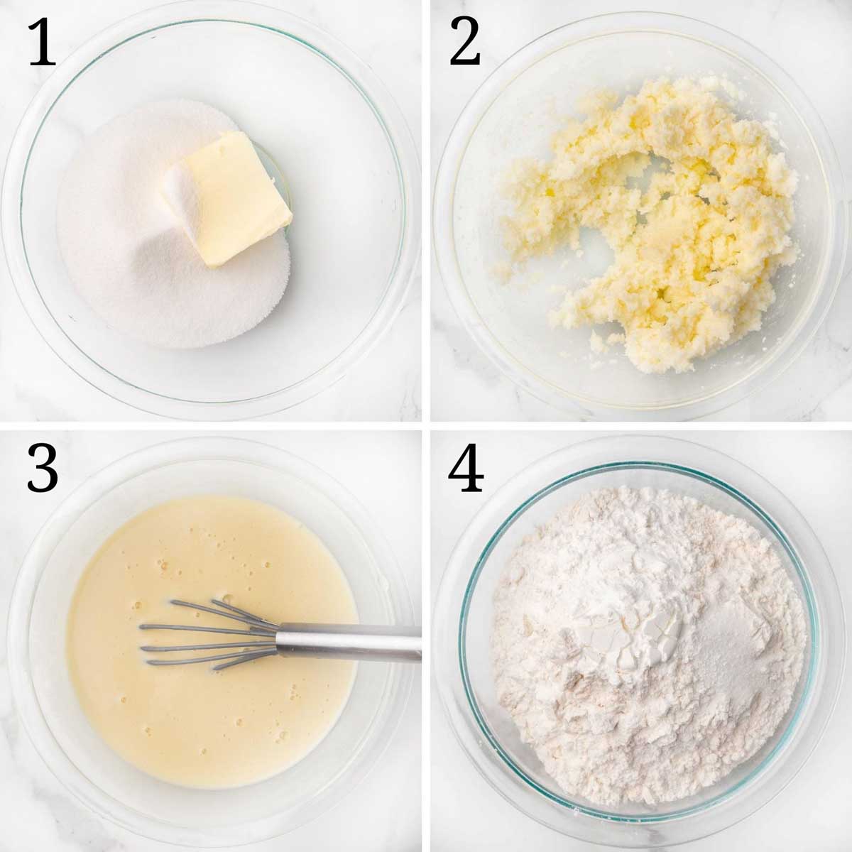 four images showing how to start making the lemon cake