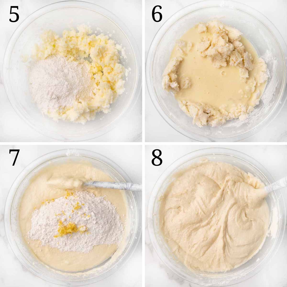four images showing how to finish the cake batter