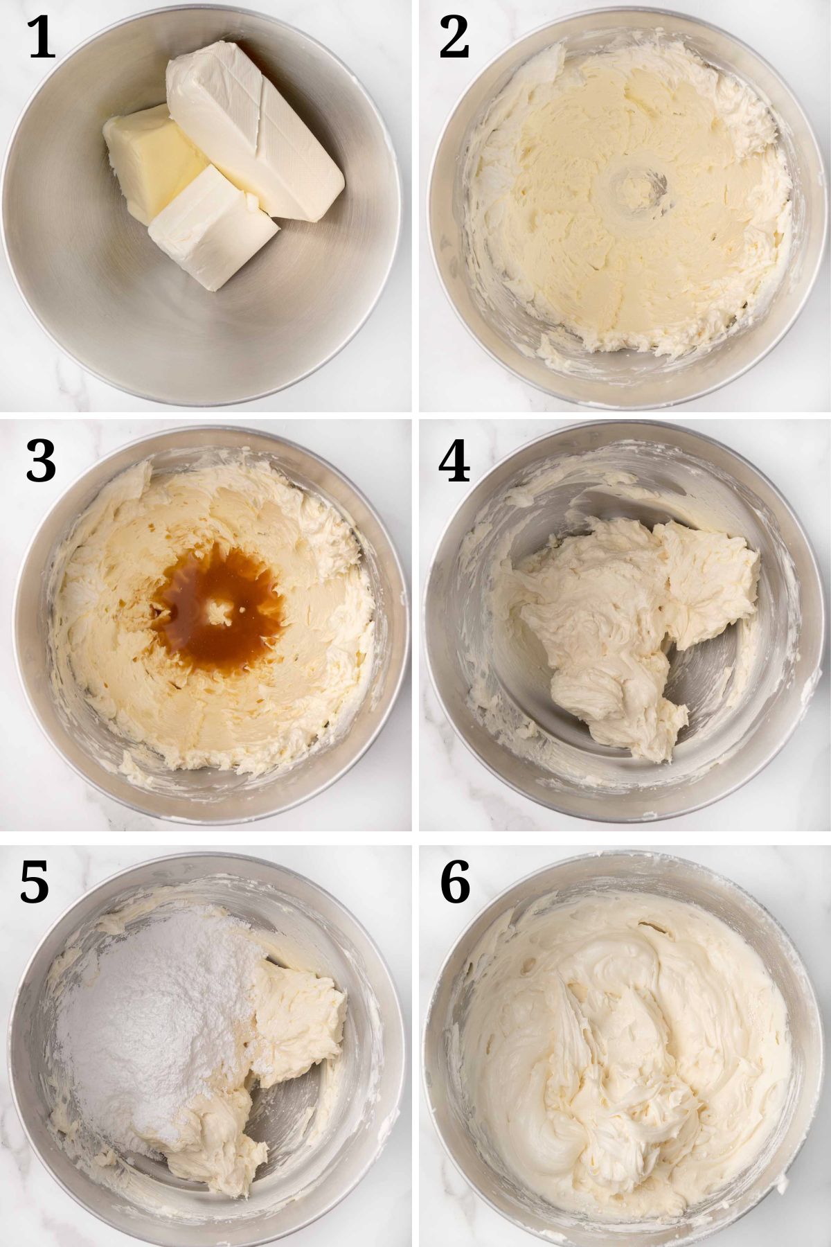 6 images showing how to make the cream cheese frosting