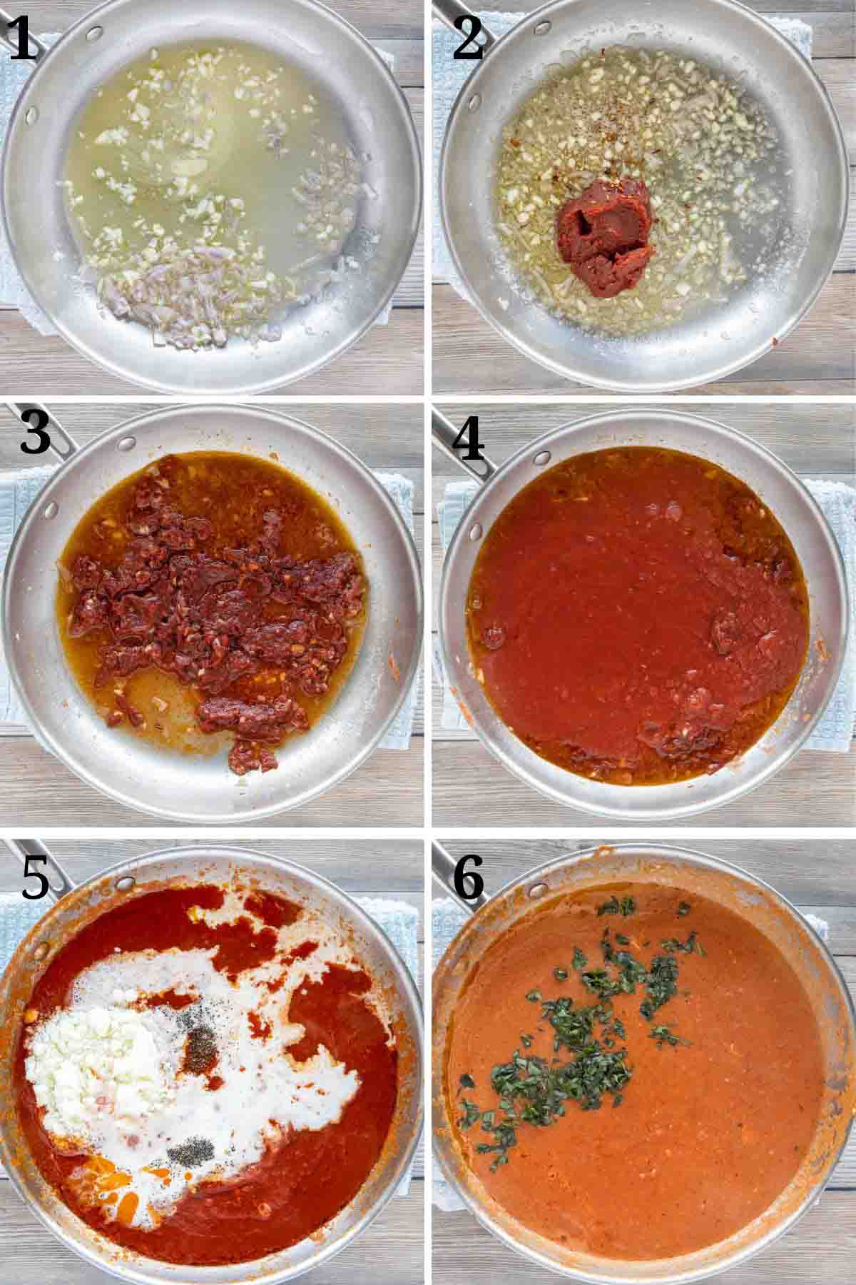 six images showing how to make a Vodka sauce