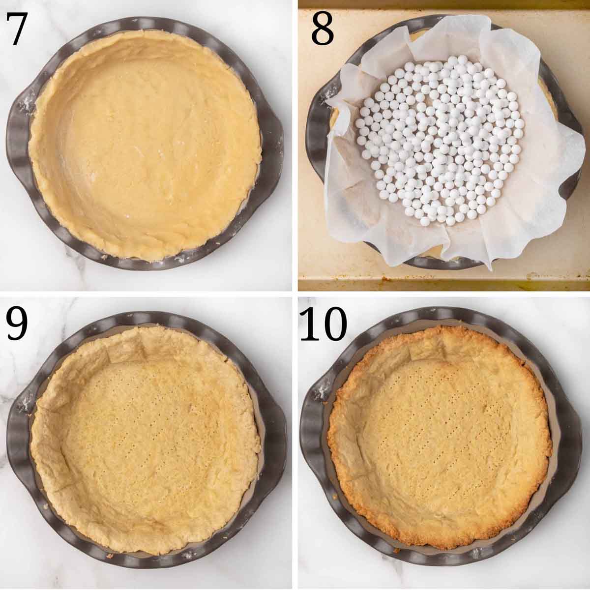 6 images showing how to form and bake a pie crust.