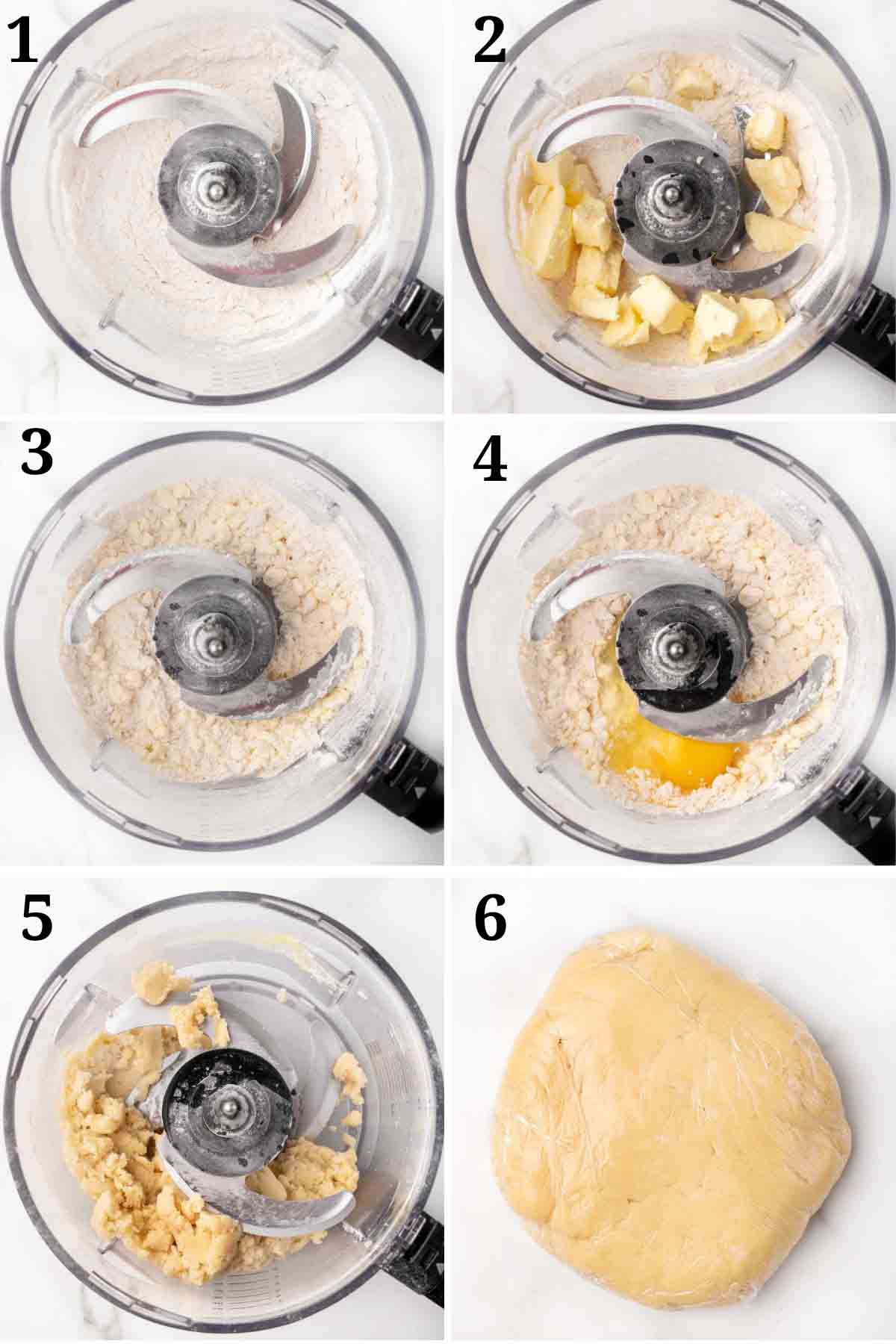 6 images showing how to make pie dough in a food processor.