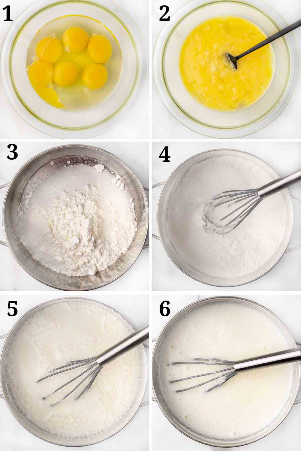 6 images showing how to make a banana cream pie filling.