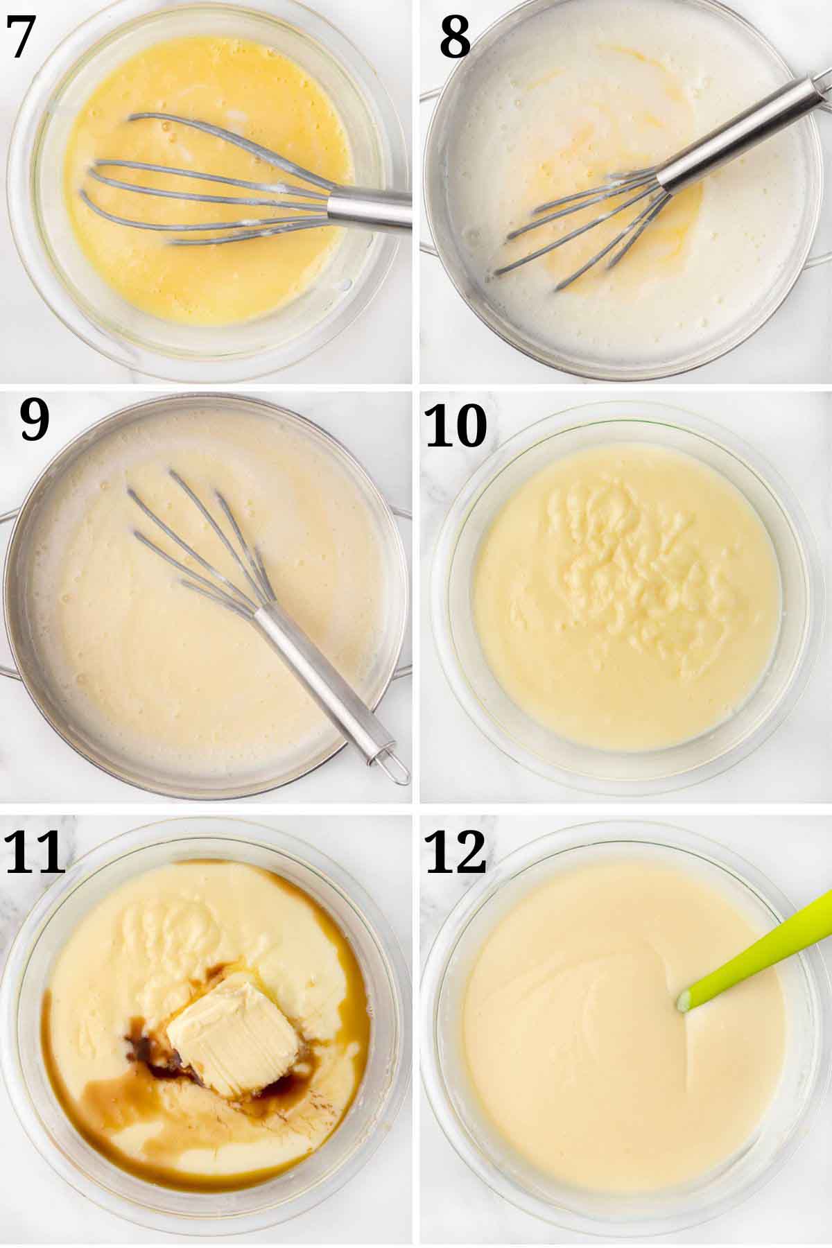 6 images showing how to finish making a banana cream pie filling.