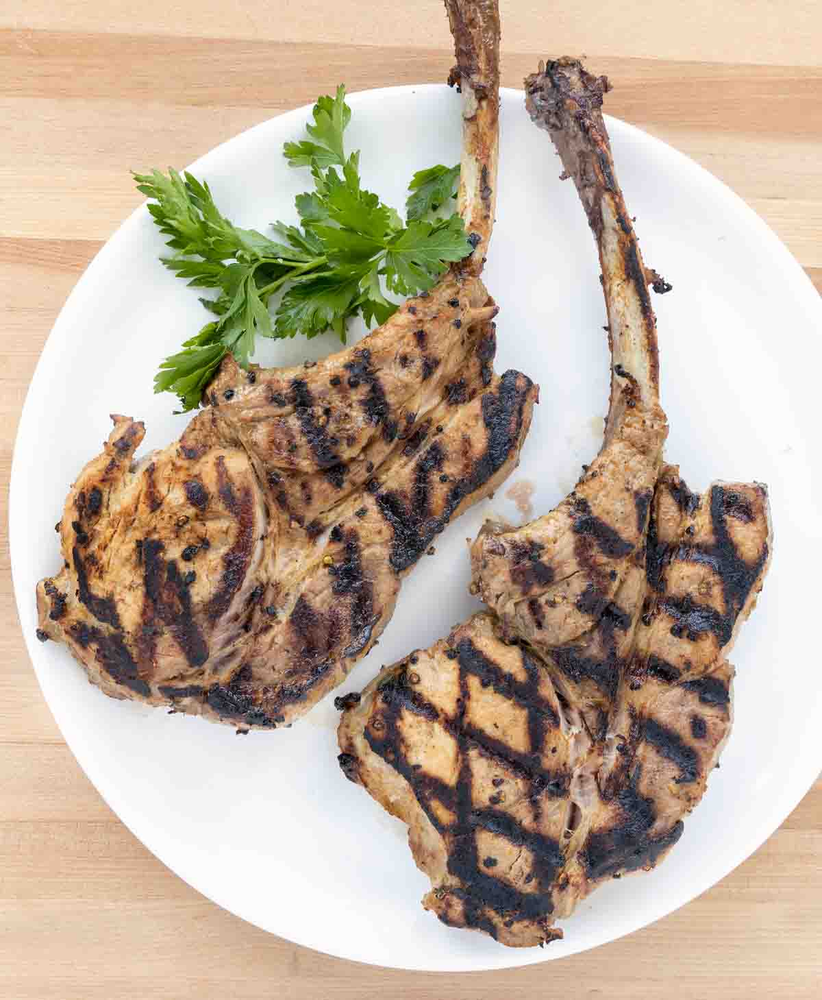 2 grilled marinated pork chops on a white plate