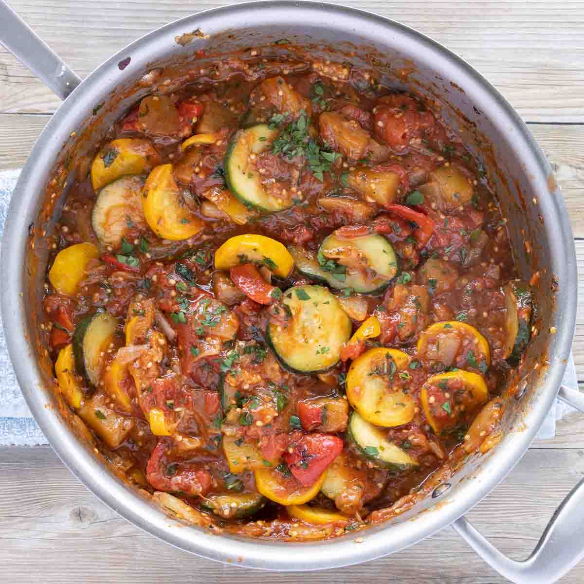 Cooked ratatouille in a pot.