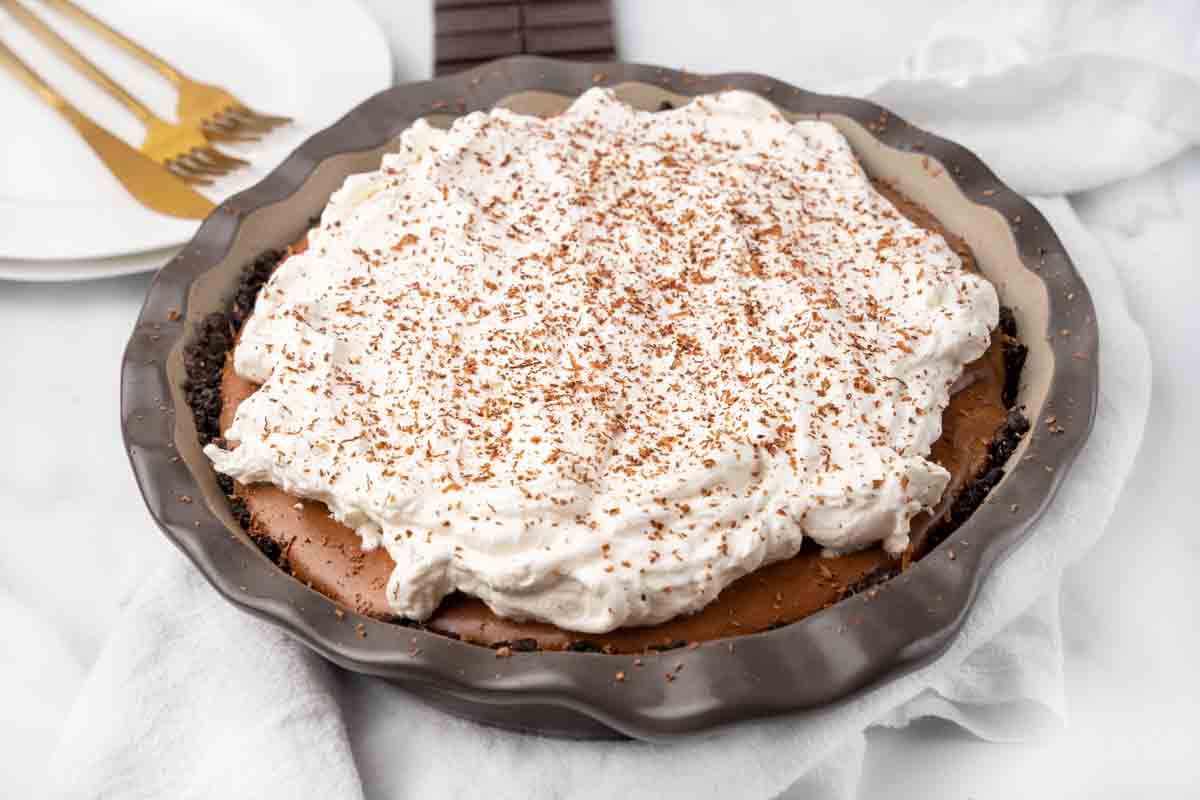 whole french silk pie in the pie plate