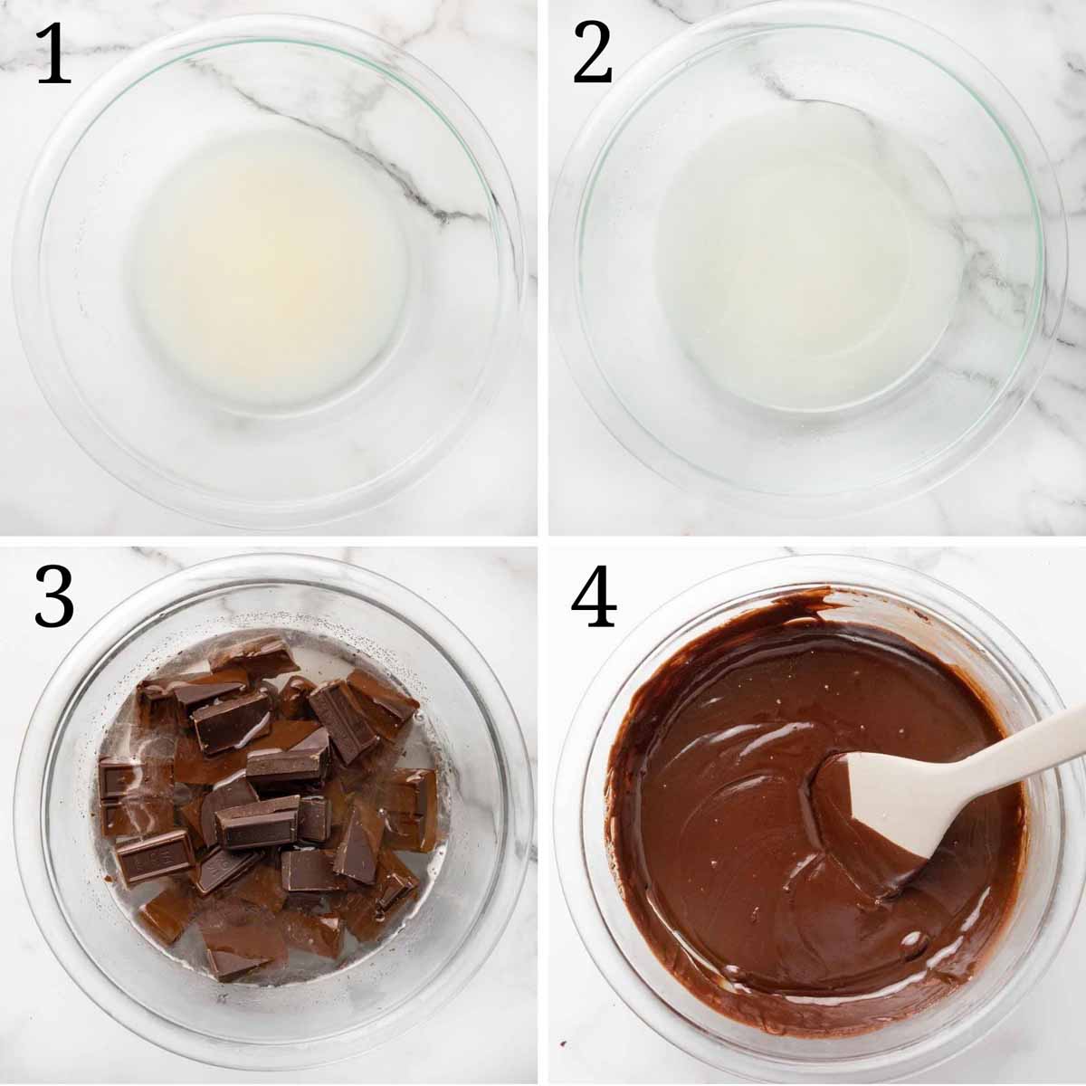 four images showing how to melt the chocolate for the cake