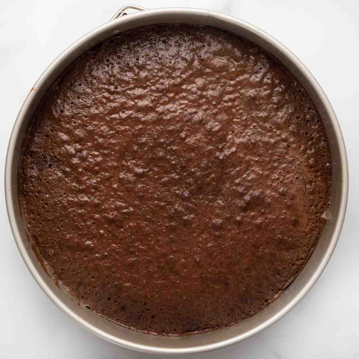 baked flourless chocolate cake in the pan