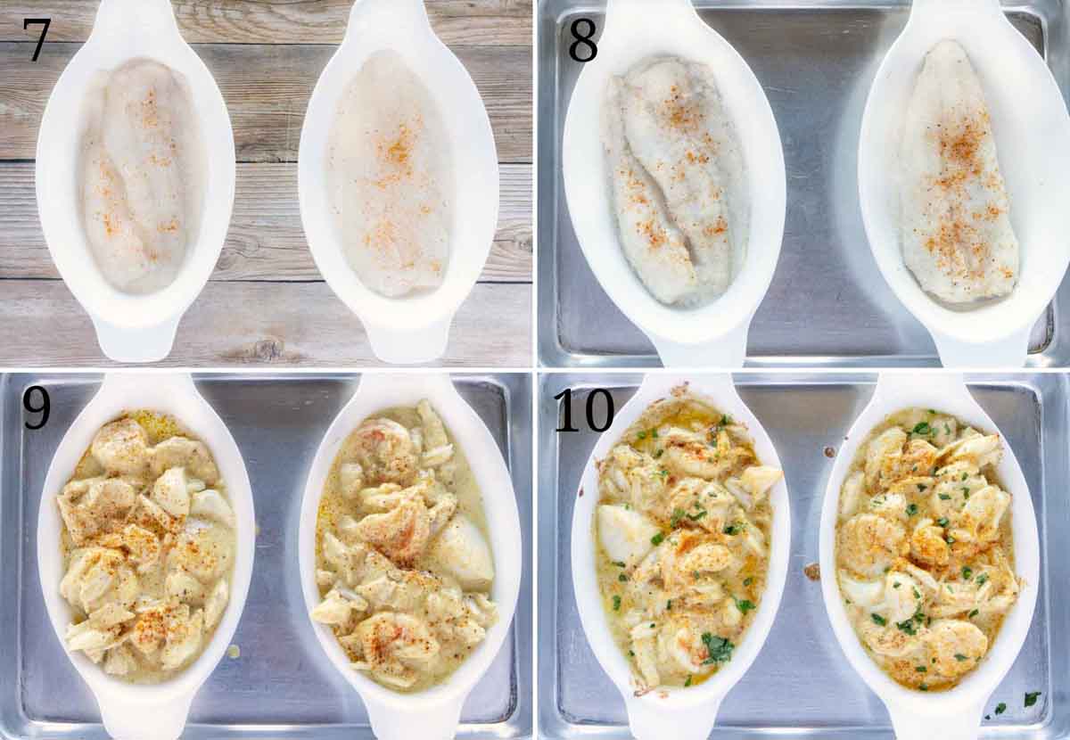 four images showing to build the seafood casserole and bake it
